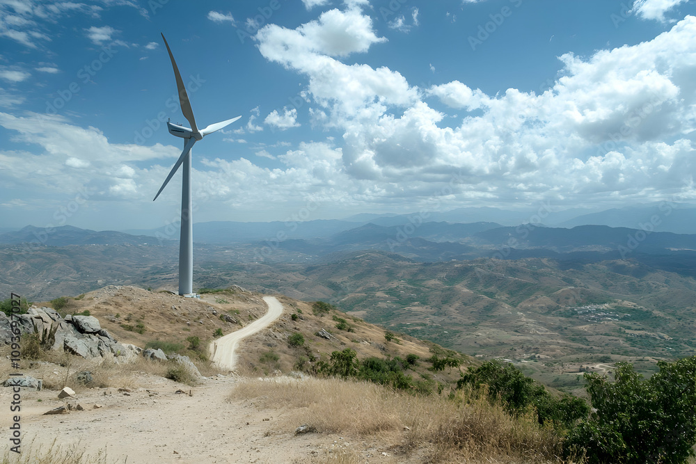 A towering wind turbine stands proudly amid rolling hills, surrounded by a stunning vista A towering wind turbine stands proudly amid rolling hills, surrounded by a stunning vista