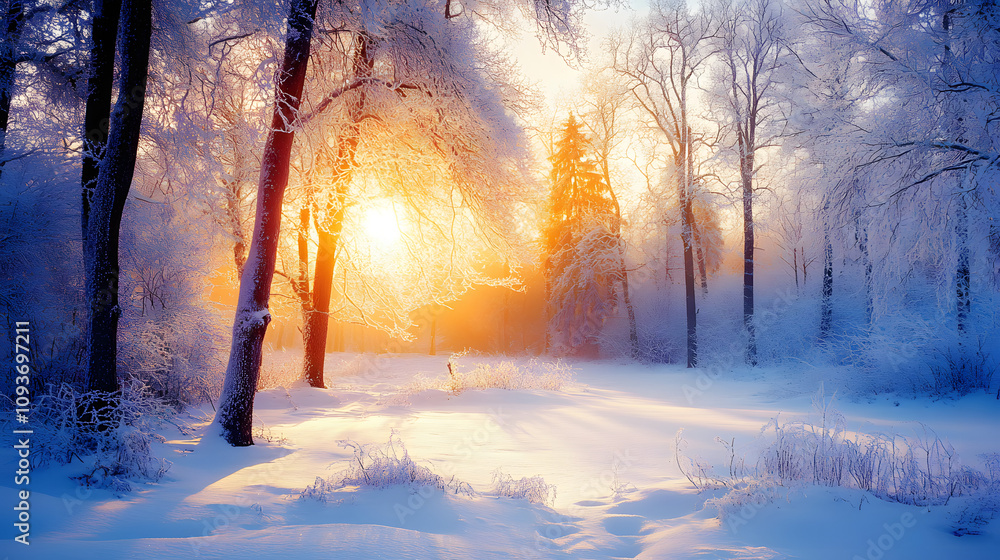 Naklejka premium A tranquil snowy forest with sunbeams piercing through icy branches at dawn.