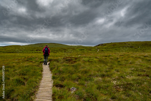 фотографія Narrow Wooden Path With Female Hiker On Seabird Protection Reserve Handa Island