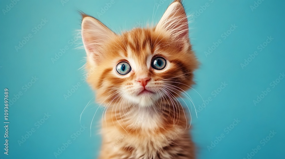 Adorable ginger kitten with bright blue eyes stares intently at the camera against a vibrant teal background. A captivating portrait of feline innocence. Adorable ginger kitten with bright blue eyes stares intently at the camera against a vibrant teal background. A captivating portrait of feline innocence.