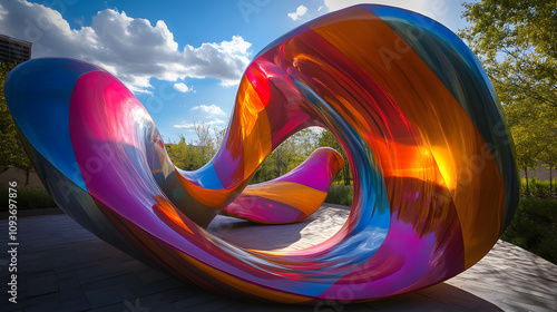 A vibrant abstract sculpture with organic curves and vivid hues in an outdoor setting. photo