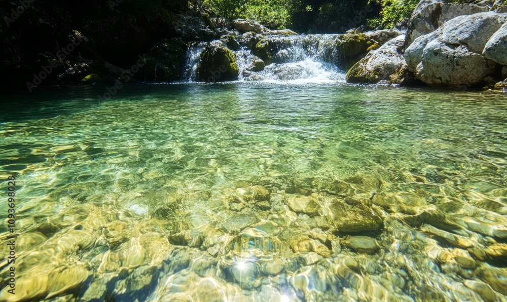 Crystal-clear water with a backdrop of waterfalls and scenic greenery Crystal-clear water with a backdrop of waterfalls and scenic greenery