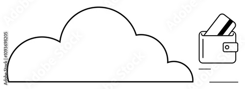 Large cloud next to wallet with credit card emerging. Ideal for cloud storage, digital transactions, online banking, cybersecurity, e-commerce, fintech, data protection. Line metaphor