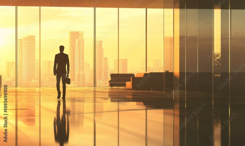 Businessman walking in modern office with cityscape view Businessman walking in modern office with cityscape view