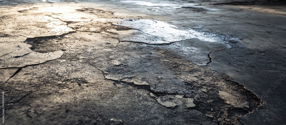 Cracked and Weathered Asphalt Surface with Sunlight Reflection Cracked and Weathered Asphalt Surface with Sunlight Reflection