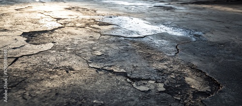 Cracked and Weathered Asphalt Surface with Sunlight Reflection