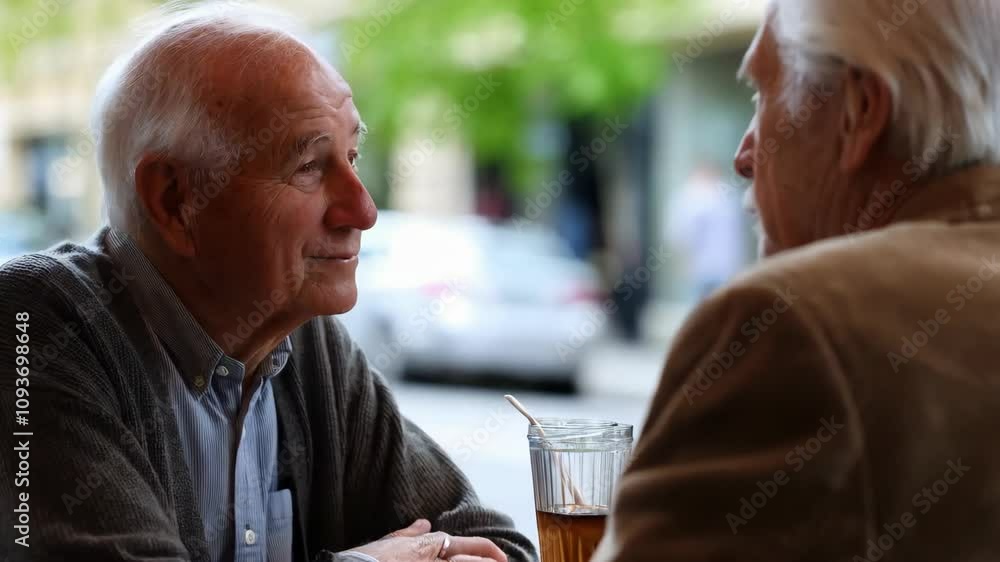 Two older White gentlemen engage in deep conversation while enjoying refreshing drinks outdoors Two older White gentlemen engage in deep conversation while enjoying refreshing drinks outdoors