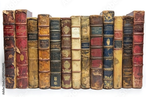 A Row of Antique Leather-Bound Books with Gold Lettering photo