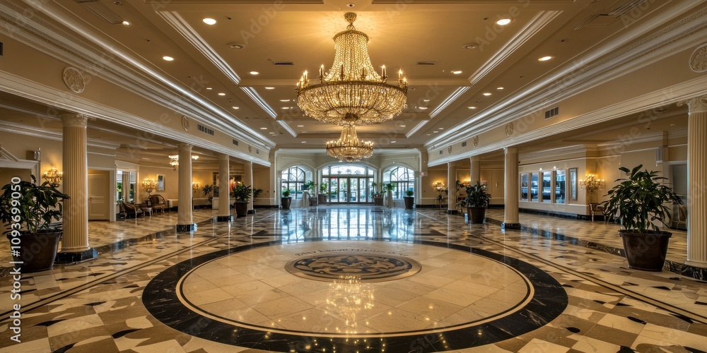 Obraz premium Grand Hotel Lobby with Ornate Chandelier and Marble Flooring