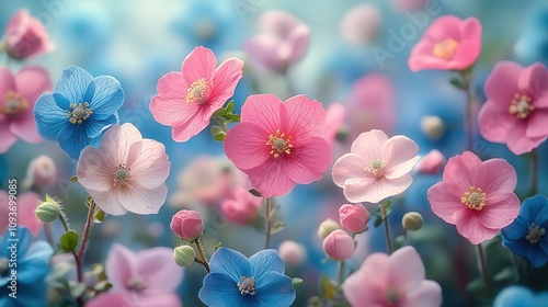 Vibrant spring blossoms in blue, pink, and pastel hues against a soft focus background photo