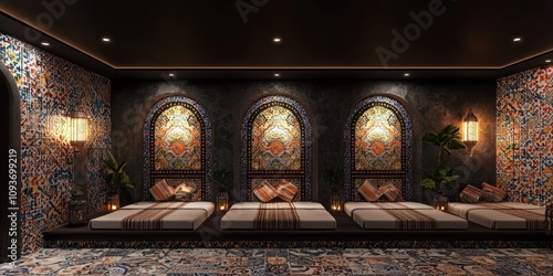 Moroccan-style Interior Design with Arched Mosaic Walls and Cushioned Benches