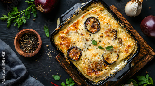 A traditional Greek moussaka layered with eggplant ground meat and béchamel sauce. photo