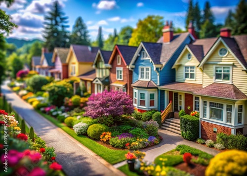 Tilt-Shift Photography of Charming Frame Homes in a Quaint Neighborhood Setting, Capturing the Essence of Cozy Living and Architectural Beauty with Lush Surroundings