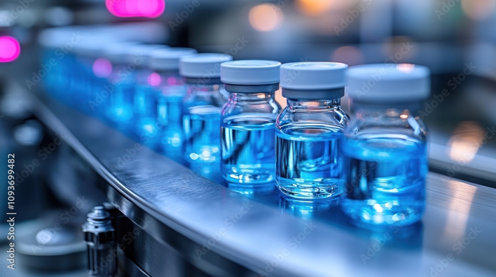 Blue liquid vials on a production line. Blue liquid vials on a production line.