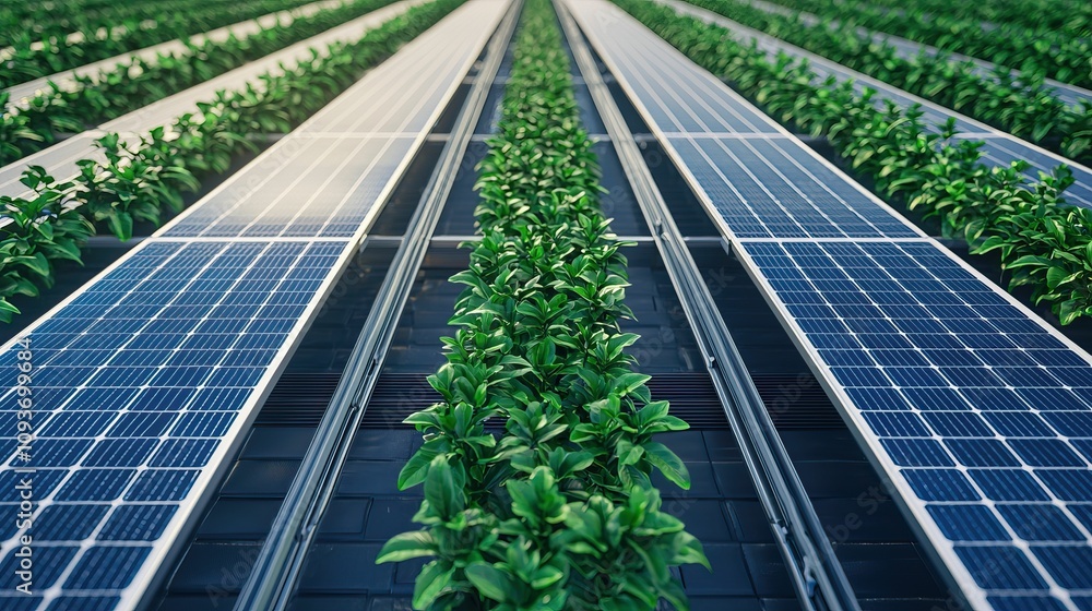 Fototapeta premium future hotel luxury and smart, A vibrant green farm interspersed with solar panels, showcasing sustainable agriculture and renewable energy.