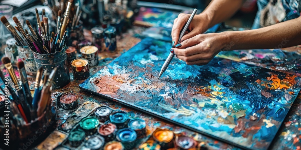 Artist's Hand Mixing Paint on a Palette with a Tool Artist's Hand Mixing Paint on a Palette with a Tool