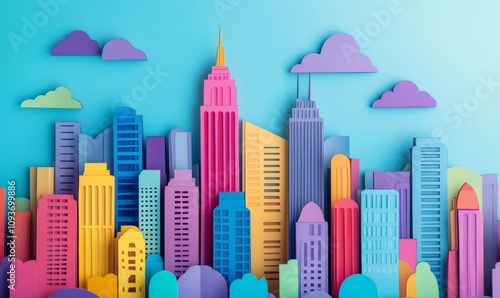 Colorful 3D Paper Cut Skyscraper City Landscape