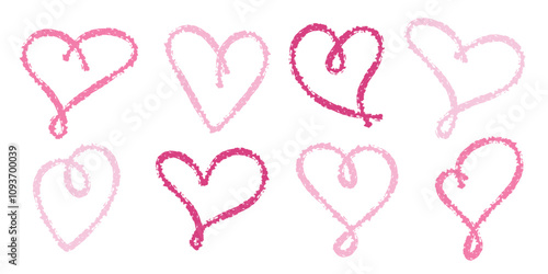 Set of doodle crayon drawn hearts. Cute Pink heart shapes. Child pencil drawings. Love romantic design element. Icon for card, invitation, sticker, logo Design. Valentines day symbol