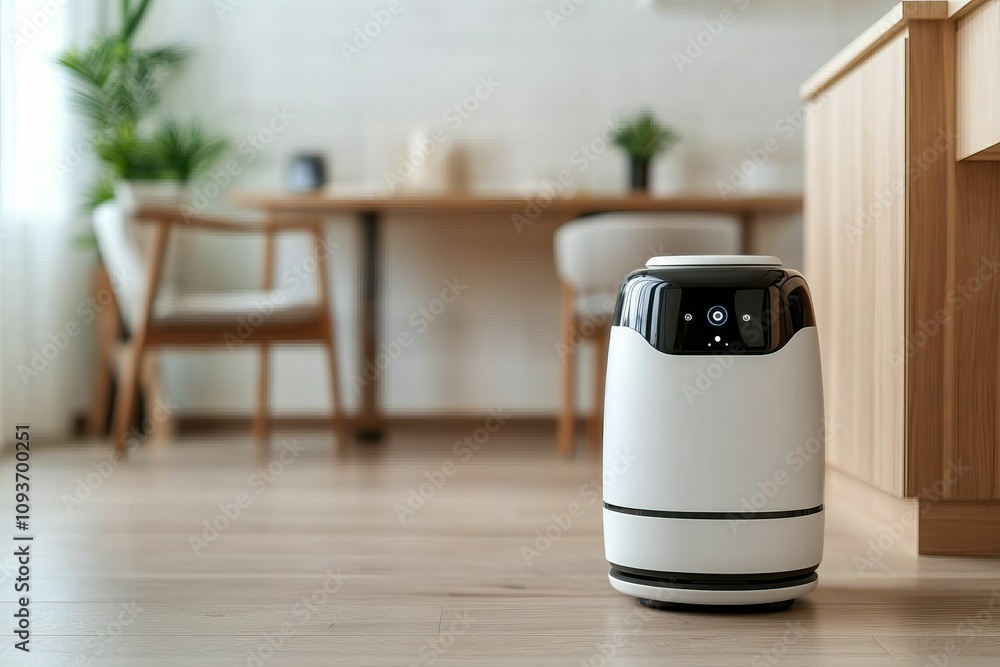 future hotel luxury and smart, A modern, white robotic device stands on a wooden floor in a well-lit room, suggesting a blend of technology and home decor. future hotel luxury and smart, A modern, white robotic device stands on a wooden floor in a well-lit room, suggesting a blend of technology and home decor.