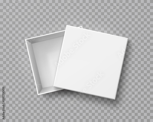 Box mock up top view with lid isolated on transparent background. White 3d empty opened container. Vector gift or present package template