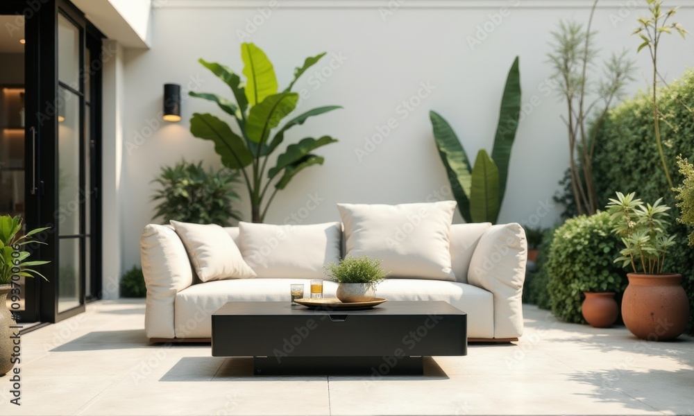 Comfortable outdoor seating arrangement surrounded by plants. Comfortable outdoor seating arrangement surrounded by plants.