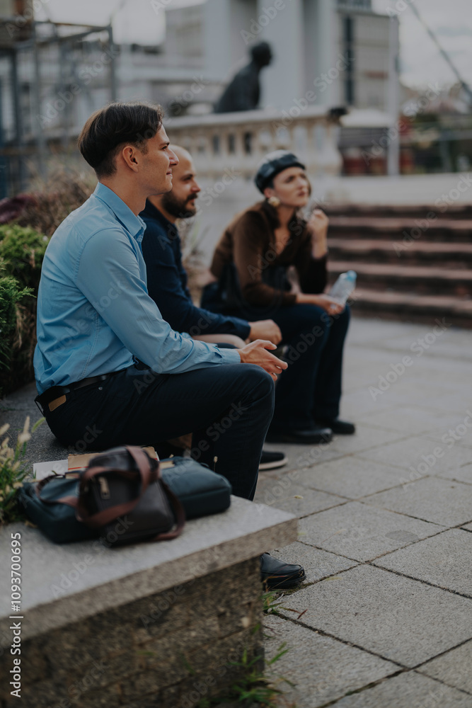 Three business people sit and engage in a casual outdoor meeting in a city area, fostering teamwork and collaboration. They appear focused and relaxed, signifying an informal, yet productive session. Three business people sit and engage in a casual outdoor meeting in a city area, fostering teamwork and collaboration. They appear focused and relaxed, signifying an informal, yet productive session.