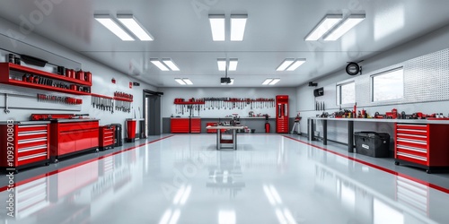 A clean, modern garage is shown, filled with new tools, workbenches, and toolboxes. Bright, mainly white and red, the image is sharp and looks like a magazine cover.