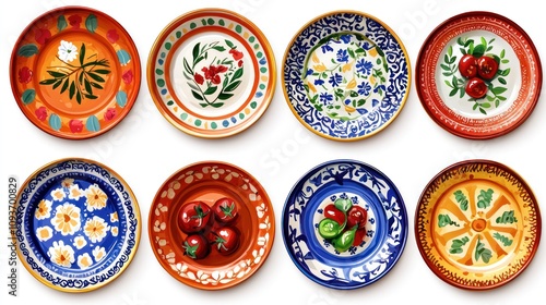 Eight Colorful Ceramic Plates with Floral and Fruit Motifs