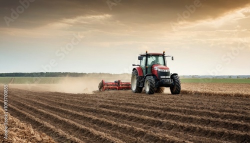 A dynamic illustration of a tractor plowing a field, capturing motion and purpose