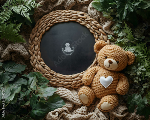 A photo of an empty round black chalkboard on the floor next to it is placed a baby onesie and teddy bear with white heartshaped tags attached to them surrounded by gre photo