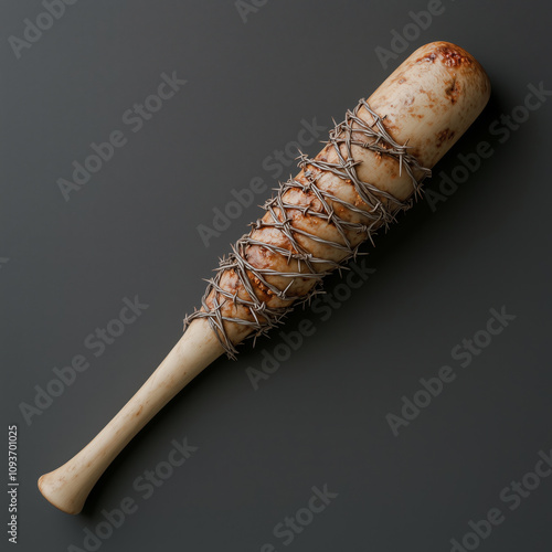 Barbed wire wrapped baseball bat on dark background photo