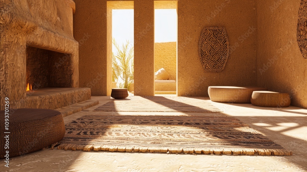 Fototapeta premium Luxurious Modern-Tribal Living Room with Stone Fireplace and Natural Textures | 3D Render Illustration