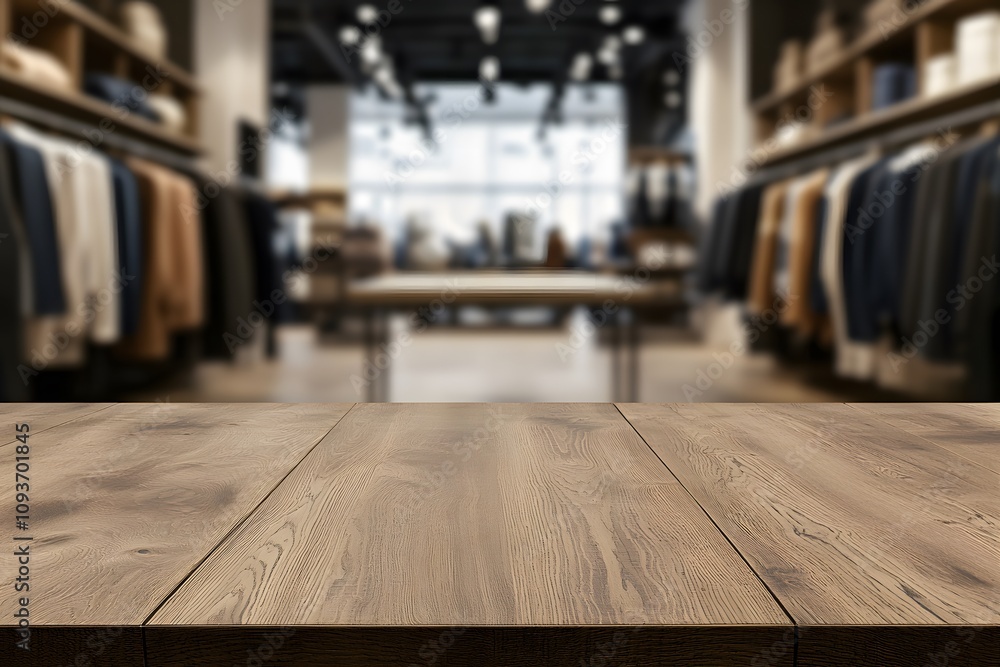 Blurred background of a clothing store with a focus on a wooden table, showcasing neatly folded apparel and accessories, creating a stylish and inviting retail display Blurred background of a clothing store with a focus on a wooden table, showcasing neatly folded apparel and accessories, creating a stylish and inviting retail display