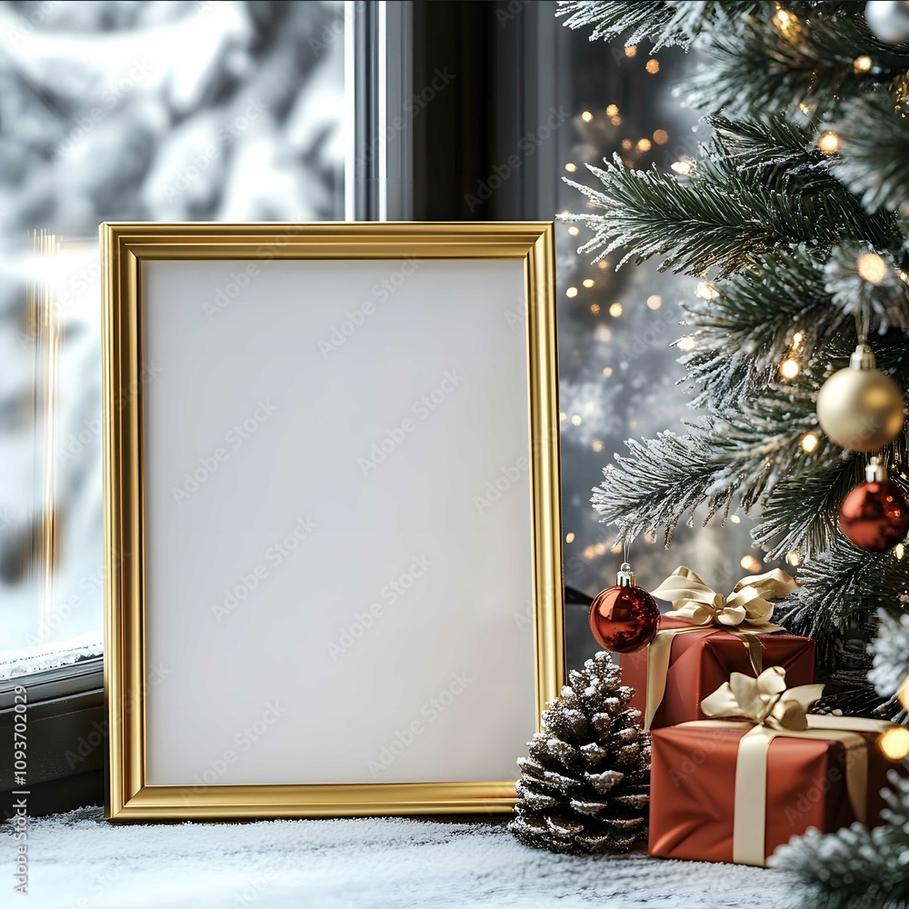 a4 Mockup Bilderrahmen gold am verschneiten Fensterbrett mit warmen Boquet Foto Effekt Bilderahmen soll frei bleiben Weihnachtsbeleutung im Hintergrund und einem roten a4 Mockup Bilderrahmen gold am verschneiten Fensterbrett mit warmen Boquet Foto Effekt Bilderahmen soll frei bleiben Weihnachtsbeleutung im Hintergrund und einem roten