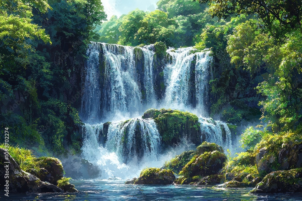 Obraz premium Lush Green Forest Encompassing a Cascading Waterfall