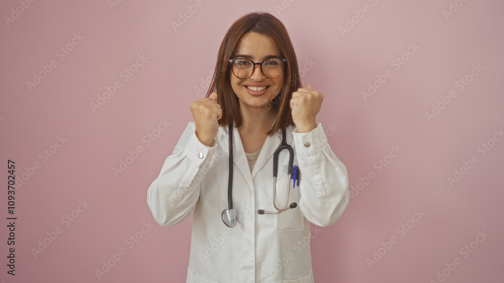 Attractive young hispanic female doctor in a white coat with a stethoscope happily celebrating on an isolated pink background.