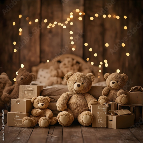 brown backdrop 5 teddy bears brown floorone sitter bed in front 3 teddy bears behind and next to the bed blur lights behind 3 with boxes next to the bed one teddy bear. photo