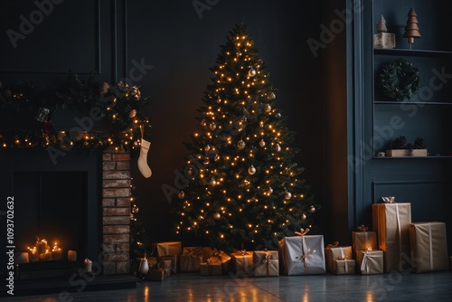 Christmas tree glowing softly with warm lights, golden ornaments and baubles, surrounded by gifts and cozy decor, dark living room interior photo