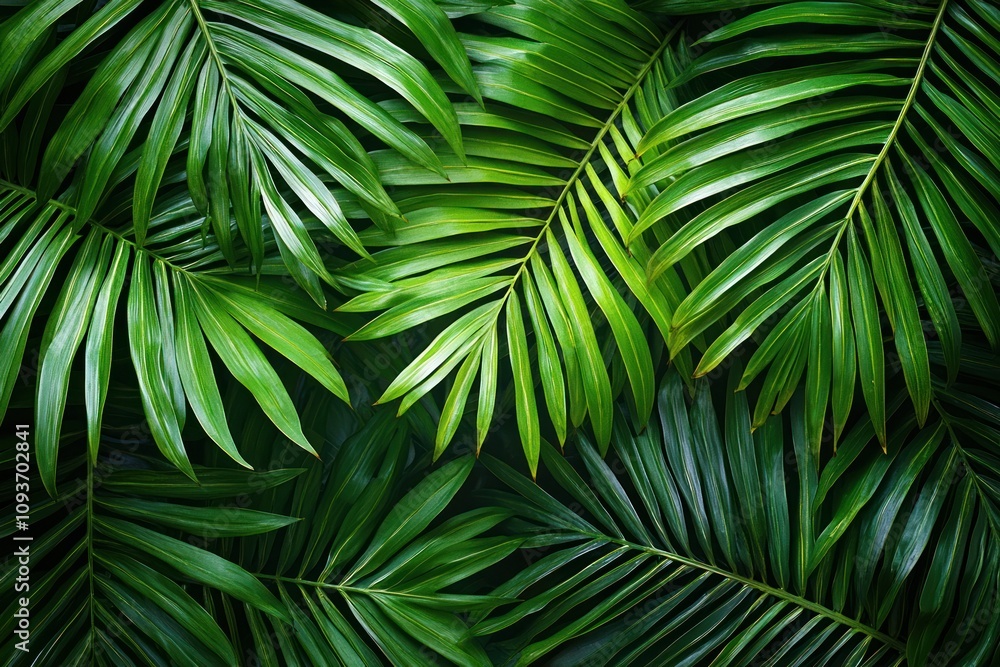 Lush Green Palm Fronds Overlapping with Dark Background Lush Green Palm Fronds Overlapping with Dark Background