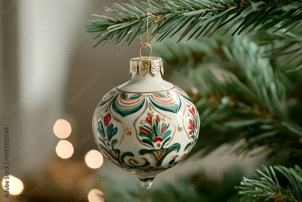 Ornate ornament hangs from a branch, showcasing festive spirit and seasonal joy Ornate ornament hangs from a branch, showcasing festive spirit and seasonal joy