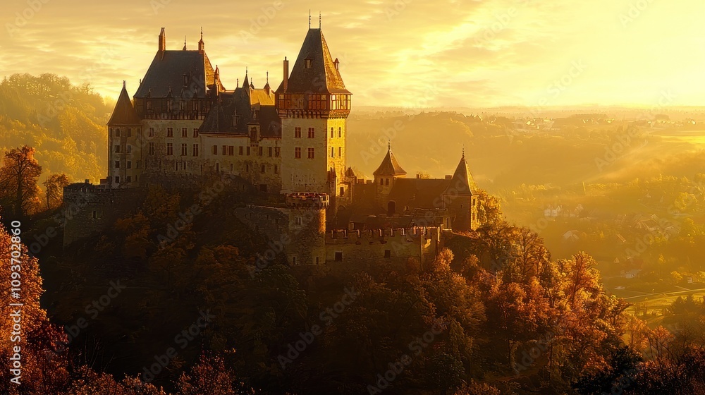 A majestic castle silhouetted against a dramatic sunset, perched high on a hilltop. A majestic castle silhouetted against a dramatic sunset, perched high on a hilltop.