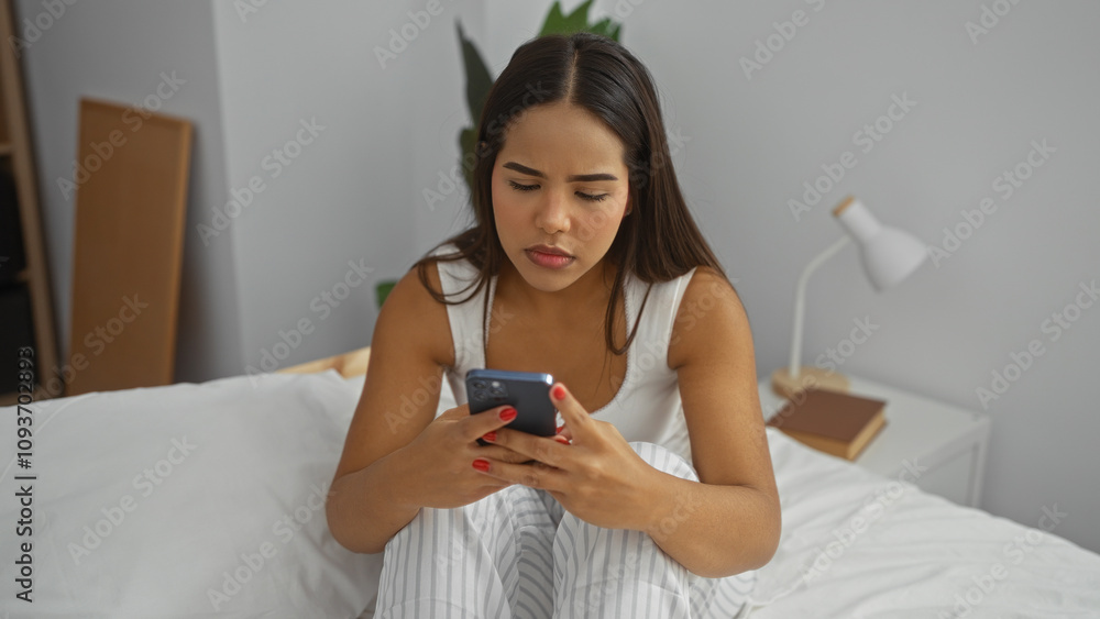 Woman relaxing in bedroom using phone, wearing pajamas, sitting on bed, brunette with a thoughtful expression, modern interior with lamp and books, captures home comfort. Woman relaxing in bedroom using phone, wearing pajamas, sitting on bed, brunette with a thoughtful expression, modern interior with lamp and books, captures home comfort.