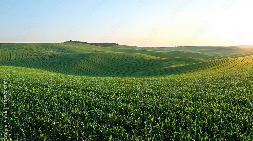 Rolling Green Hills with Cornfield in Foreground at Sunset Rolling Green Hills with Cornfield in Foreground at Sunset
