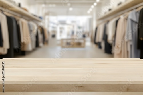 Wallpaper Mural Blurred background of a clothing store with a focus on a wooden table, showcasing neatly folded apparel and accessories, creating a stylish and inviting retail display Torontodigital.ca