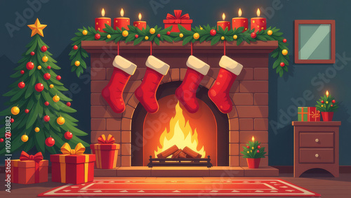 Christmas Card with Christmas Tree and Fireplace
