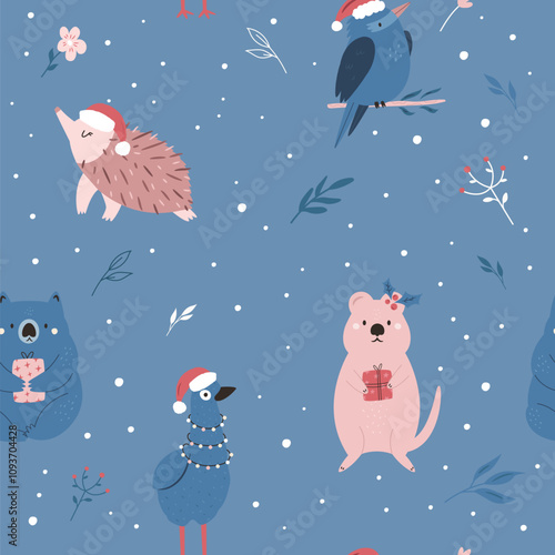 Christmas seamless pattern with adorable Australian animals emu, echidna, wombat, kookaburra, quokka. Holiday surface design for gift box, prints, fabric, wrapping paper