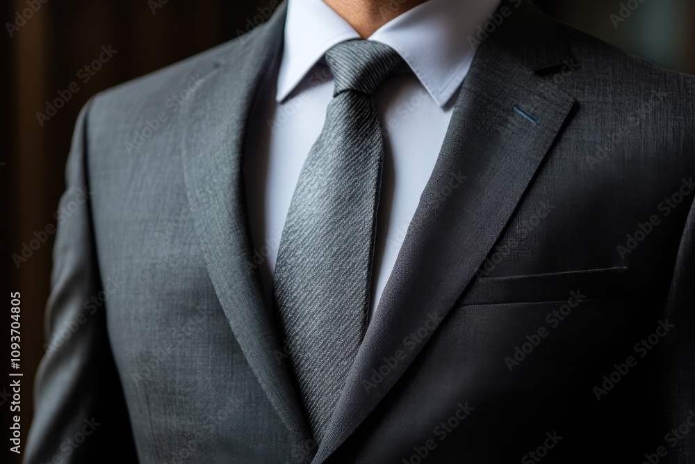 Elegant dark suit and tie worn by a man, indoor setting with soft lighting Elegant dark suit and tie worn by a man, indoor setting with soft lighting