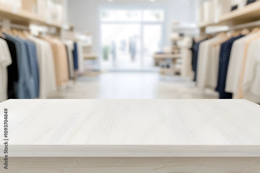 Blurred background of a clothing store with a focus on a wooden table, showcasing neatly folded apparel and accessories, creating a stylish and inviting retail display Blurred background of a clothing store with a focus on a wooden table, showcasing neatly folded apparel and accessories, creating a stylish and inviting retail display