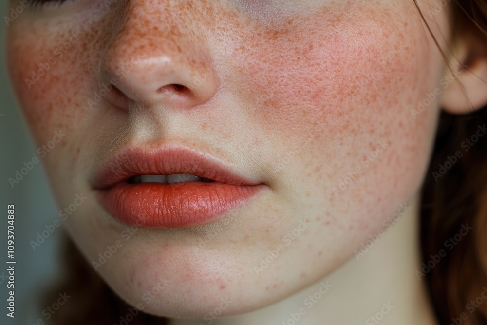Close-up of a woman's face with freckles and rosy cheeks Close-up of a woman's face with freckles and rosy cheeks