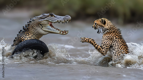 Crocodile attacking a cheetah in turbulent waters with a floating tire nearby. AI-generated